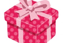 ピンクの水玉模様の包装紙とリボンでラッピングされた可愛いプレゼント箱のイラスト