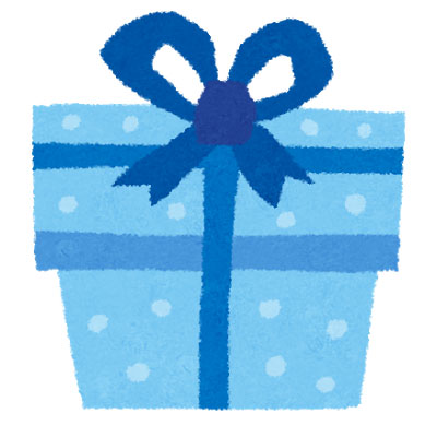 青い水玉模様のプレゼント箱を描いたイラスト。ホワイトデーのデザインに。