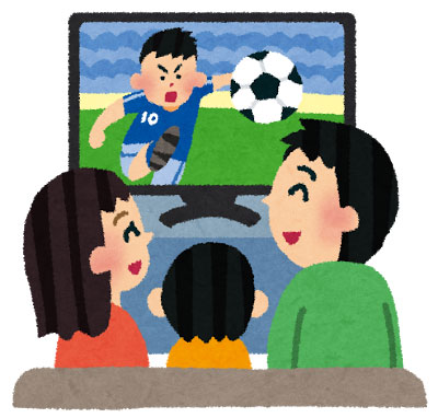 無料素材 家族でサッカーの試合をテレビ観戦する様子を描いた可愛いイラスト