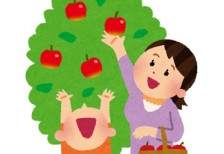 リンゴ狩りをする親子を描いたイラスト。お母さんと男の子の仲良しな雰囲気が伝わる一枚。