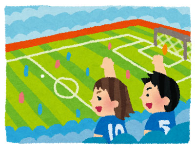 サッカー観戦をする男女のイラスト。試合の賑やかな雰囲気が可愛いデザイン。