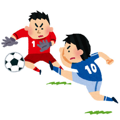 ゴールキーパーと一対一でシュートを撃つサッカー選手を描いたイラスト
