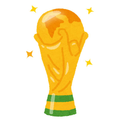 ワールドカップのトロフィーのイラスト。キラキラと光り輝いていてゴージャスな雰囲気。