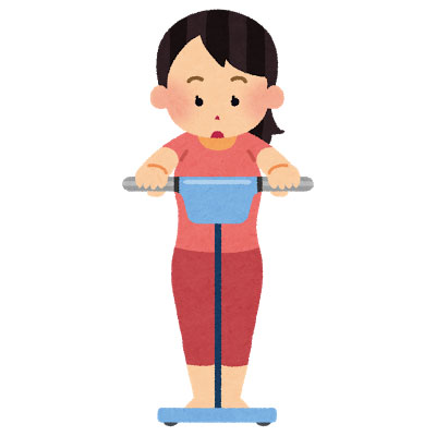 体脂肪計に乗って計測する女性を描いたイラスト。健康やトレーニングのデザインに。