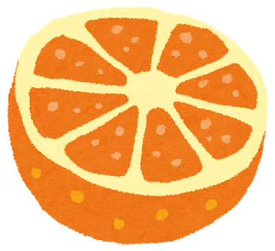 半分に切ったオレンジを描いたイラスト。手書き感のある柔らかいタッチが可愛い雰囲気。