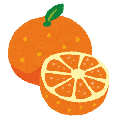 フリー素材 カットしたオレンジとそのままのオレンジを並べて描いた可愛いイラスト