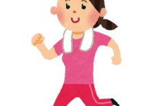 ピンク色のジャージでジョギングをする女性のイラスト。健康やダイエットのデザインに。
