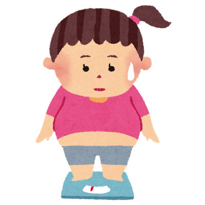 体重計に乗ってショックを受けている女性の可愛いイラスト。ダイエットのデザインに。