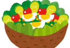 レタスやキュウリにプチトマト、ゆで卵などが入ったサラダのイラスト