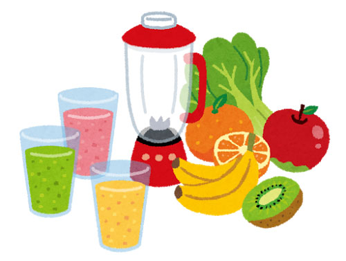 野菜やフルーツをミキサーにかけて作ったスムージのイラスト。健康やダイエットのデザインに。
