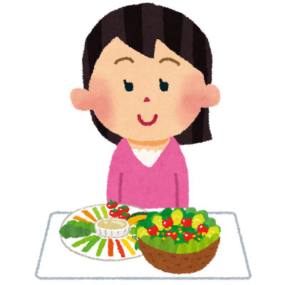 フリー素材 彩り豊かなサラダを食べるベジタリアンの女性のイラスト