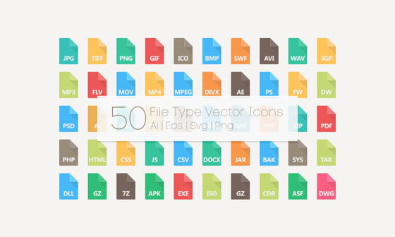 全50種類の拡張子を揃えたフラットデザインのファイルタイプアイコン