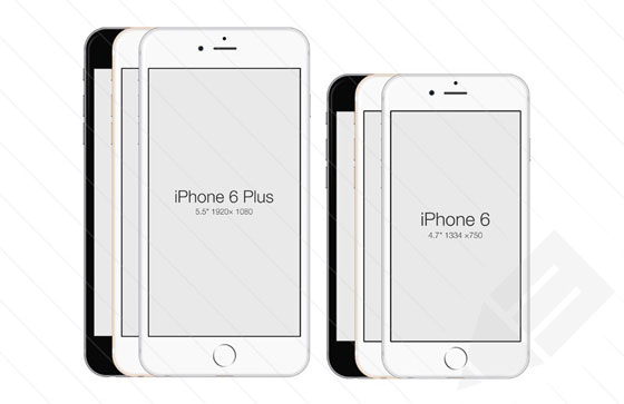 正面から見たiPhone6をデザインしたモックアップPSD。白・黒・金の三色。