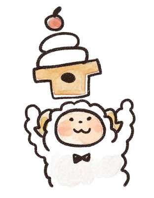 鏡餅と蝶ネクタイの羊のキャラクターを描いたイラスト。2015年未年の年賀状に。