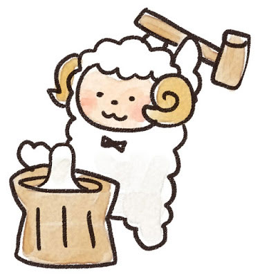 杵と臼でお餅をつく羊のキャラクターのイラスト。元気な雰囲気が可愛いデザイン。