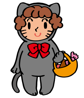 お菓子の入ったカゴを持った猫の仮装の女の子のハロウィーンイラスト