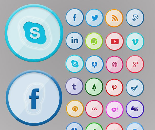 丸いボタン風デザインの綺麗なソーシャルメディアアイコンセット