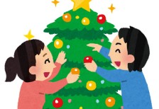 クリスマスツリーの飾り付けをする男の子と女の子のイラスト