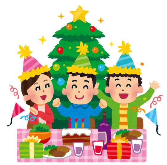 楽しいクリスマスパーティのイラスト。三角帽子や料理やケーキ。