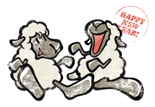 楽しく笑い合う羊のキャラクターの2015年賀状イラストテンプレート
