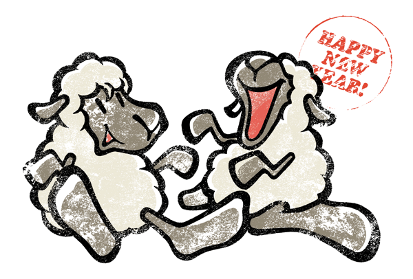 無料素材 楽しく笑い合う羊のキャラクターの15年賀状イラストテンプレート
