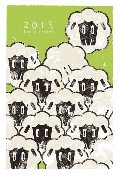 ひしめき合う可愛い羊の2015未年の年賀状イラストテンプレート