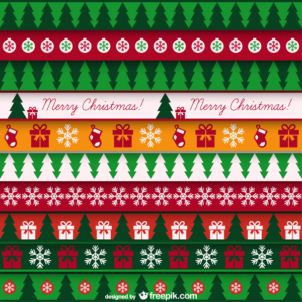 フリー素材 クリスマスカードに使えるベクターイラストパターン モミの木やプレゼントに靴下など