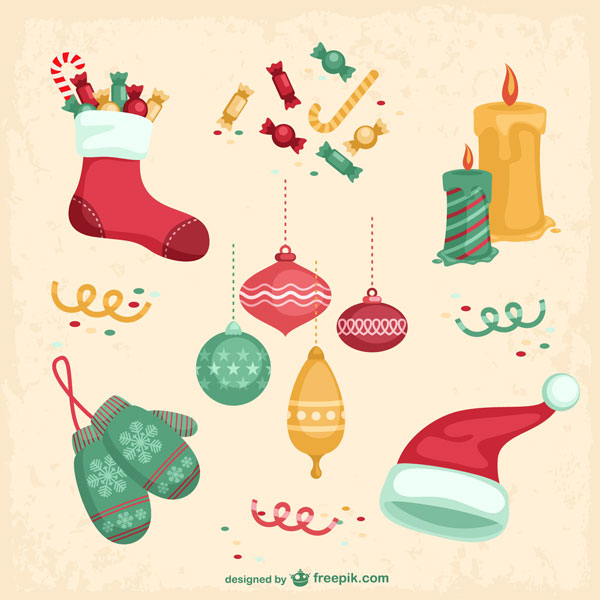 靴下やプレゼントのお菓子にミトンなどクリスマスアイテムのベクターイラスト