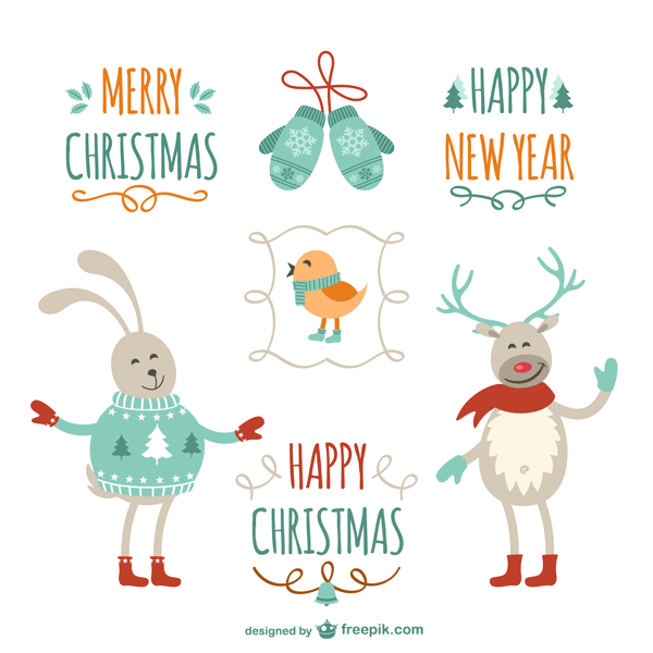 可愛いトナカイやウサギのキャラクターとクリスマスのタイトル文字のベクターイラスト