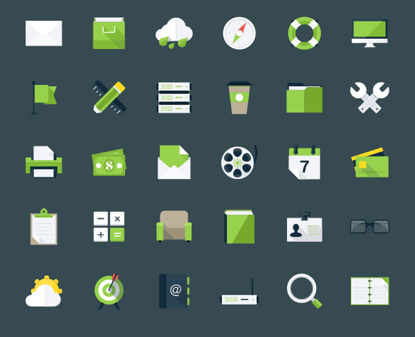 無料素材 クールでおしゃれなグリーン系のフラットデザインアイコンセット