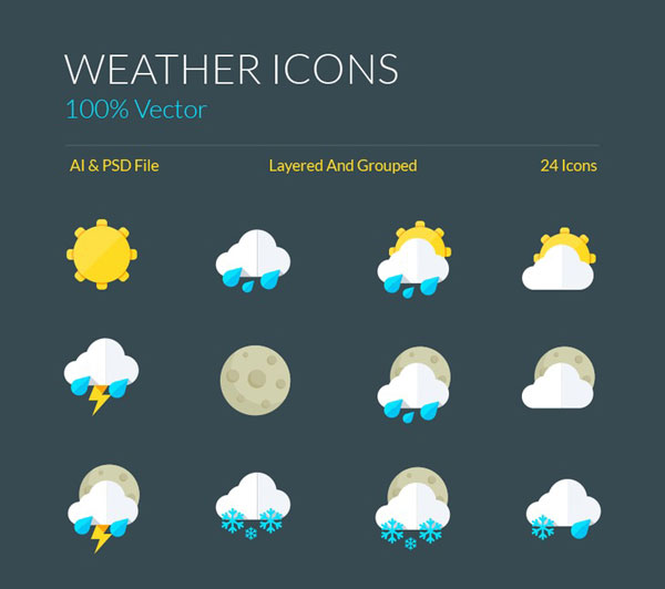 無料素材 折り目のついた紙のようなフラットデザインが可愛いお天気ベクターアイコンセット