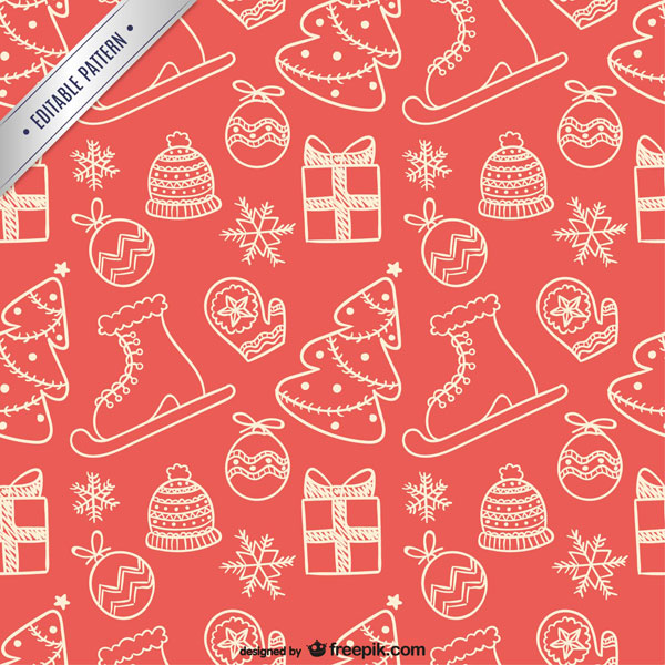 フリー素材 スケート靴やツリーに靴下などクリスマスのモチーフの手描きイラストにしたベクターパターン