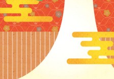 富士山を花がらと和紙の和柄模様でデザインした年賀状イラストテンプレート