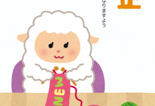毛糸で編み物をするひつじのキャラクターの可愛い年賀状イラストテンプレート