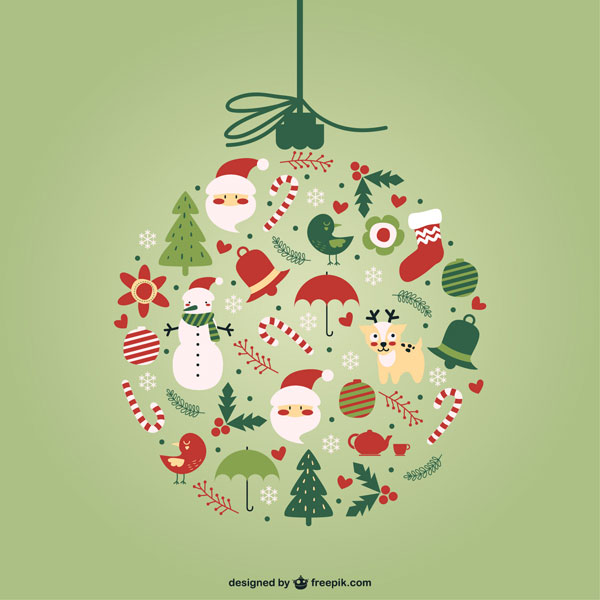 サンタや雪だるまに鳥などをクリスマスボールの形に並べた可愛いベクターイラスト