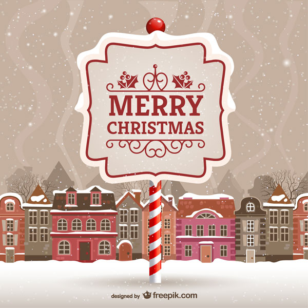 フリー素材 雪の積もる街並みと看板のクリスマスカードのイラストテンプレート