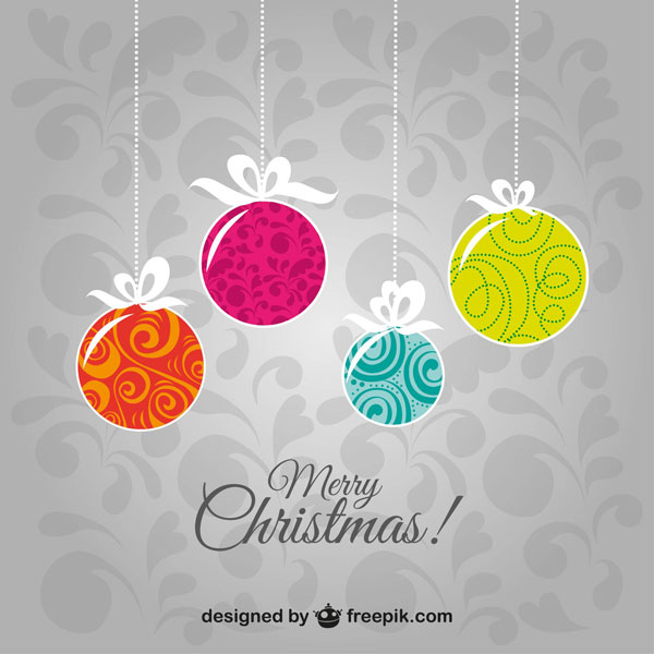 吊るしたクリスマスボールをデザインしたクリスマスカードのイラストテンプレート