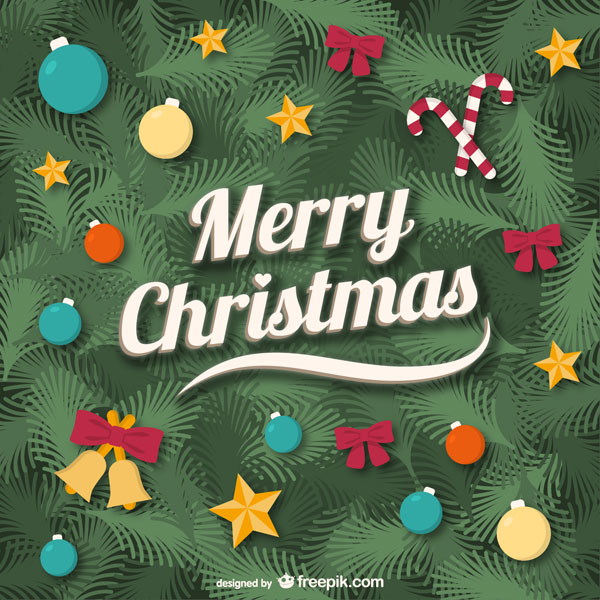 モミの木の背景に立体的な文字をデザインしたクリスマスカードのイラストテンプレート