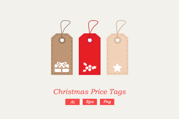 クリスマスの値札タグを描いたベクターイラスト。プレゼント箱や柊にスターなど。