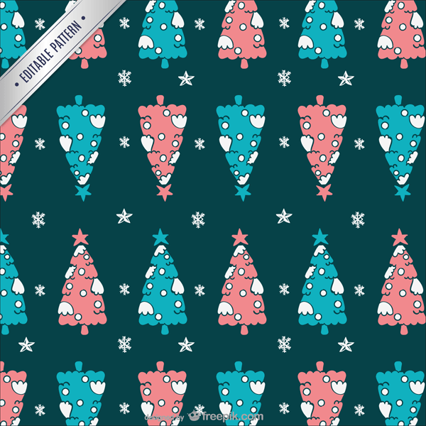 クリスマスツリーと雪の結晶のイラストがポップで可愛いベクターパターン