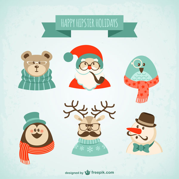 サンタクロースやトナカイにクマなど可愛いクリスマスキャラクターのベクターイラスト