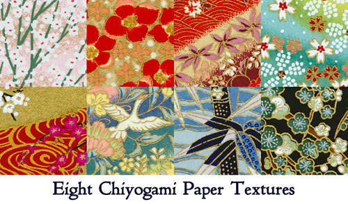 千代紙のテクスチャー画像セット。梅や桜に鶴など日本らしいモチーフ。