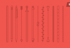 定規や鉛筆に剣などのイラストでデザインされた飾り罫線ベクターセット