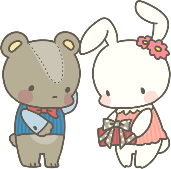 プレゼントを渡して告白するうさぎとクマのキャラクターのイラスト