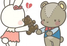 クマにチョコレートをあげるも断れるうさぎの可愛いイラスト。バレンタインデーデザインに。
