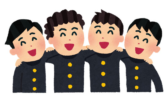 肩を組んだ4人組の男子学生のイラスト。仲良しな雰囲気が楽しいデザイン。