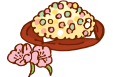 お皿に盛ったひなあられと桃の花のイラスト。ひな祭りのデザインに。
