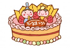 ひな祭りのケーキを描いたイラスト。雛人形や生クリームに苺のデコレーション。