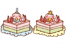 ひな人形を可愛く飾った菱餅型のひな祭りケーキのイラスト