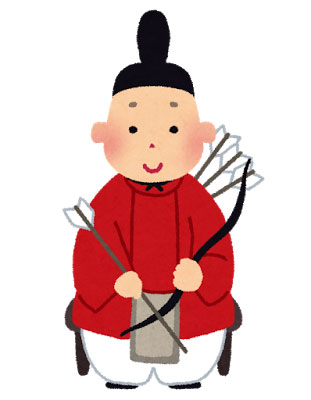 弓矢を持った隋臣・右大臣の雛人形を描いた可愛いイラスト。ひな祭りのデザインに。